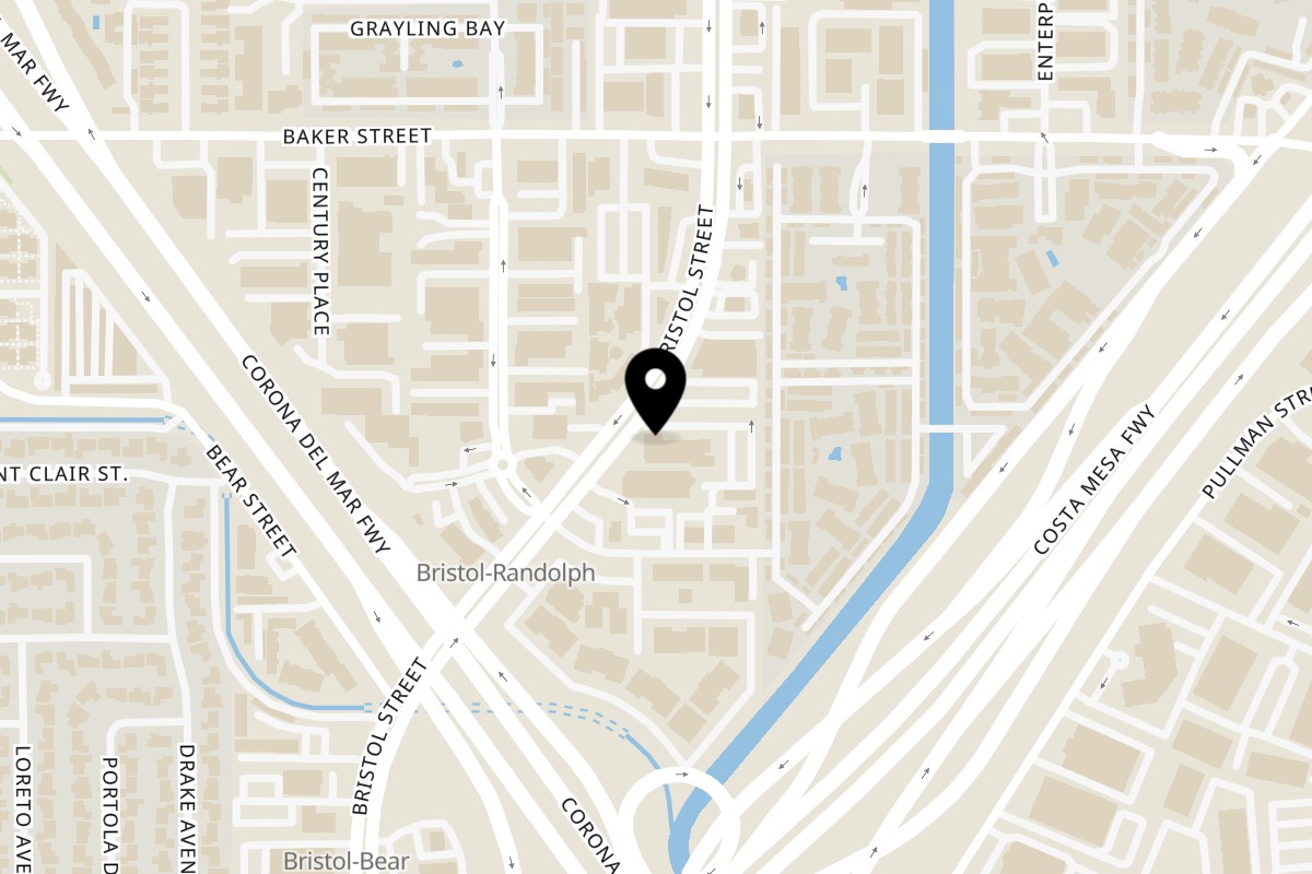 Map showing the location of Bred Hot Chicken Costa Mesa on 2930 Bristol St suite A104 in Costa Mesa